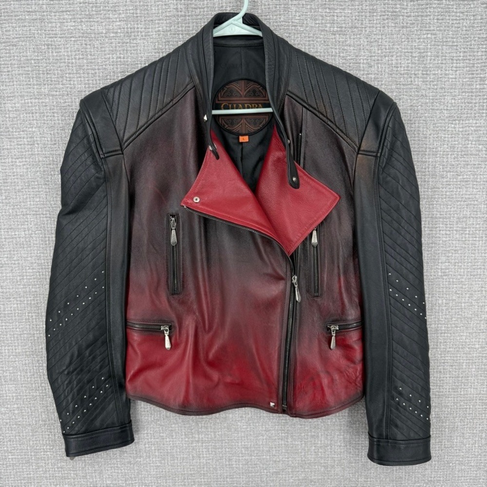 Cuadra Leather Moto Jacket Women L Red Black Ombre Studded Quilted Goth Lamb